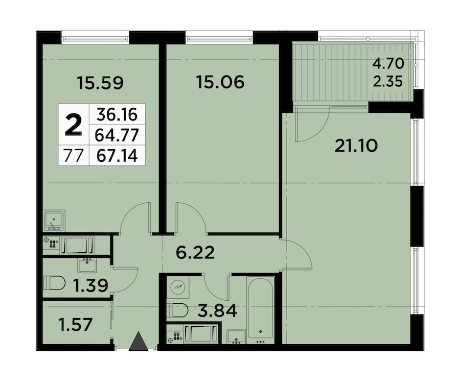 2-комнатная квартира 67.14 м², 13/14 эт., ЖК «GloraX City Zanevsky»